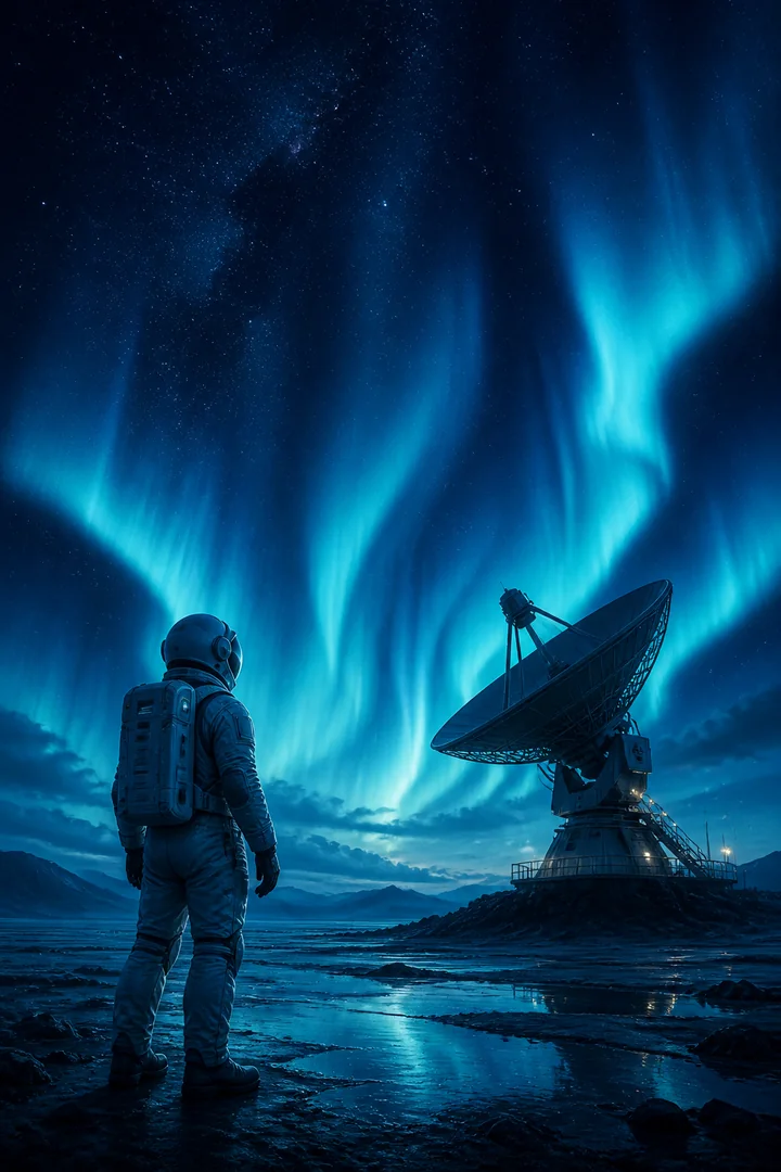 虚构科幻电影极光信号海报：成年宇航员站在射电望远镜旁